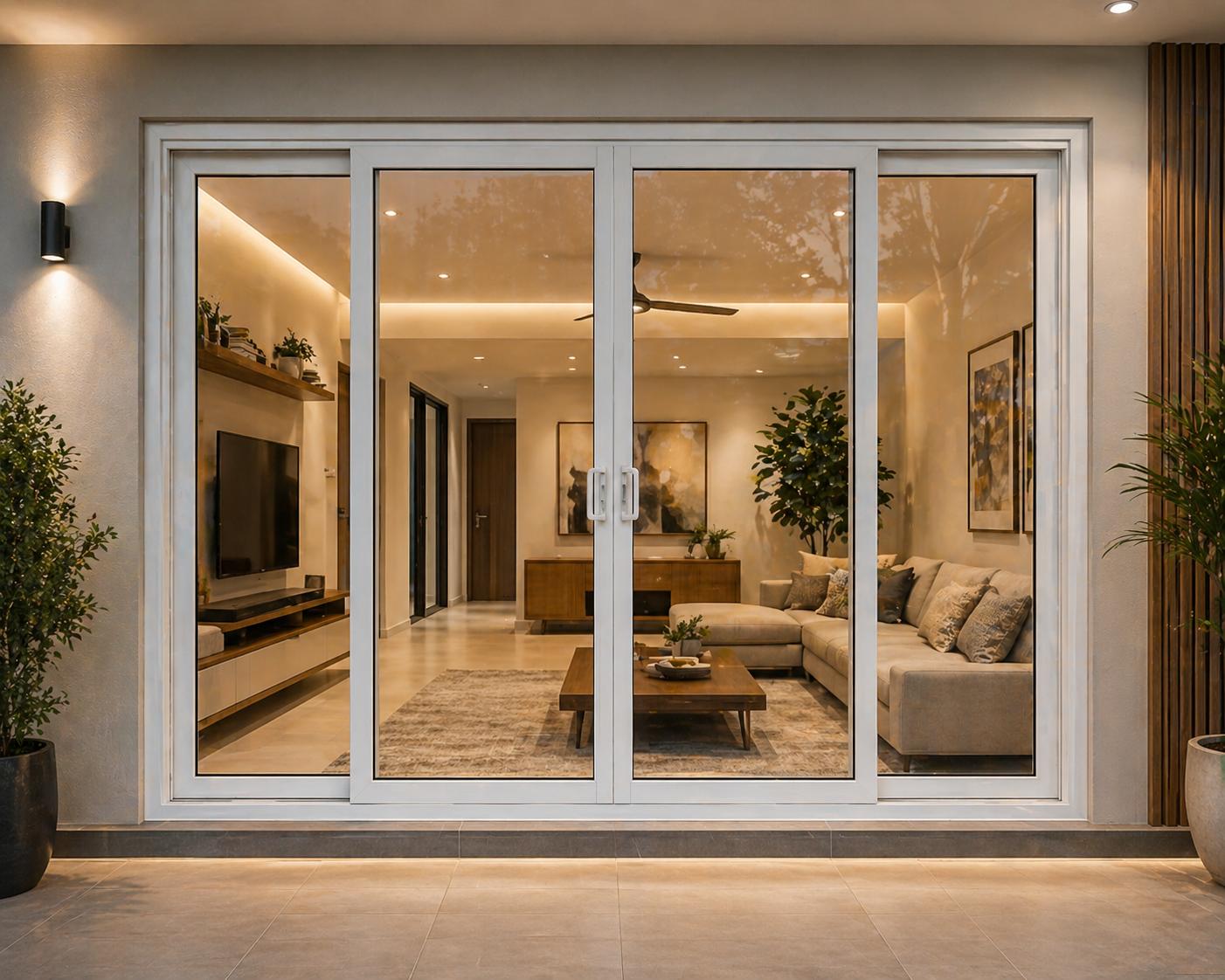 uPVC sliding door installed in a residential home in Coimbatore, Tamil Nadu — space-saving design with smooth operation and weather sealing
